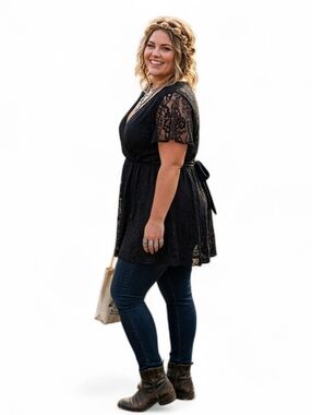 Y2K Black Floral Lace Babydoll Tunic Top Flutter Sleeve Faux Wrap Lined